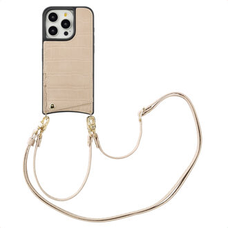 Selencia Nova Croco Telefoonhoes met Koord en Pashouder voor de Apple iPhone 15 Pro - Beige