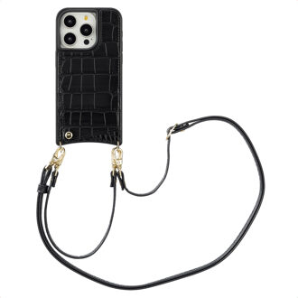 Selencia Nova Croco Telefoonhoes met Koord en Pashouder voor de Apple iPhone 15 Pro - Zwart