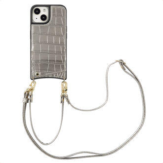 Selencia Nova Croco Telefoonhoes met Koord en Pashouder voor de Apple iPhone 15 - Zilver