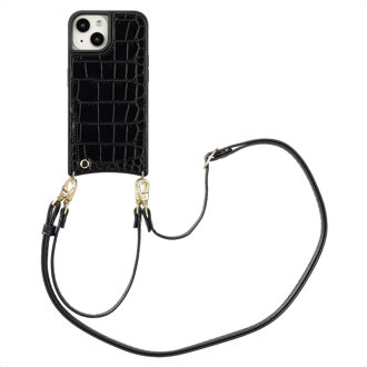 Selencia Nova Croco Telefoonhoes met Koord en Pashouder voor de Apple iPhone 15 - Zwart
