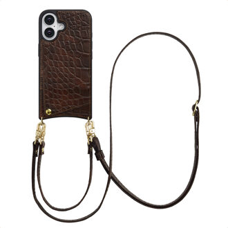 Selencia Nova Croco Telefoonhoes met Koord en Pashouder voor de Apple iPhone 16 - Choco Brown Donkerbruin