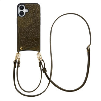 Selencia Nova Croco Telefoonhoes met Koord en Pashouder voor de Apple iPhone 16 - Dark Olive Donkergroen