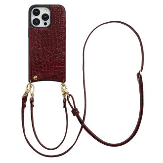 Selencia Nova Croco Telefoonhoes met Koord en Pashouder voor de Apple iPhone 16 Pro - Burgundy Donkerrood