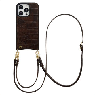 Selencia Nova Croco Telefoonhoes met Koord en Pashouder voor de Apple iPhone 16 Pro - Choco Brown Donkerbruin