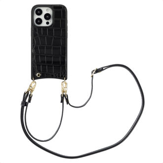 Selencia Nova Croco Telefoonhoes met Koord en Pashouder voor de Apple iPhone 16 Pro - Zwart