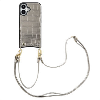 Selencia Nova Croco Telefoonhoes met Koord en Pashouder voor de Apple iPhone 16 - Zilver