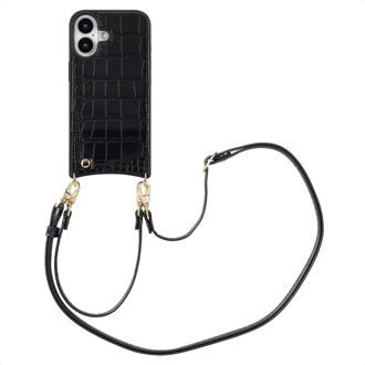 Selencia Nova Croco Telefoonhoes met Koord en Pashouder voor de Apple iPhone 16 - Zwart
