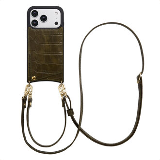 Selencia Nova Croco Telefoonhoes met Koord en Pashouder voor de Apple iPhone 17 Pro - Dark Olive Donkergroen