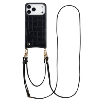 Selencia Nova Croco Telefoonhoes met Koord en Pashouder voor de Apple iPhone 17 Pro Max - Zwart
