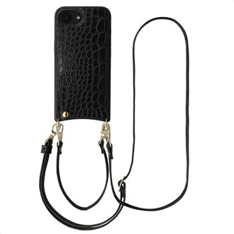 Selencia Nova Croco Telefoonhoes met Koord en Pashouder voor de Apple iPhone 17e / 16e - Zwart