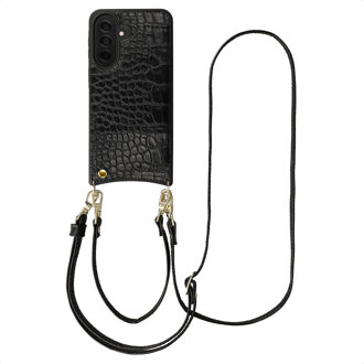 Selencia Nova Croco Telefoonhoes met Koord en Pashouder voor de Samsung Galaxy A37 (5G) - Zwart
