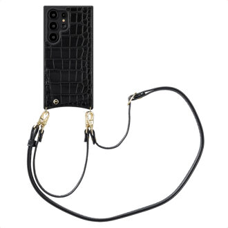 Selencia Nova Croco Telefoonhoes met Koord en Pashouder voor de Samsung Galaxy S24 Ultra - Zwart