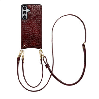 Selencia Nova Croco Telefoonhoes met Koord en Pashouder voor de Samsung Galaxy S25 FE - Burgundy Donkerrood