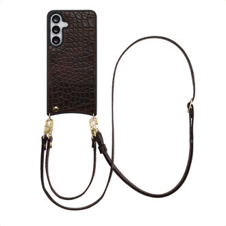 Selencia Nova Croco Telefoonhoes met Koord en Pashouder voor de Samsung Galaxy S25 FE - Choco Brown Donkerbruin