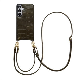 Selencia Nova Croco Telefoonhoes met Koord en Pashouder voor de Samsung Galaxy S25 FE - Dark Olive Donkergroen