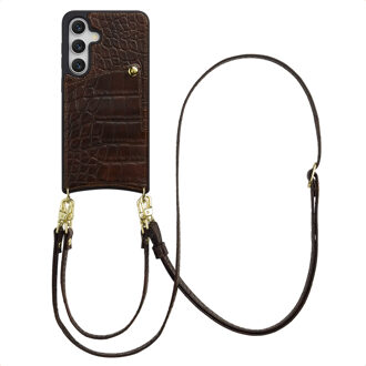 Selencia Nova Croco Telefoonhoes met Koord en Pashouder voor de Samsung Galaxy S25 / S24 - Choco Brown Donkerbruin