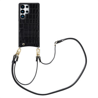 Selencia Nova Croco Telefoonhoes met Koord en Pashouder voor de Samsung Galaxy S25 Ultra - Zwart