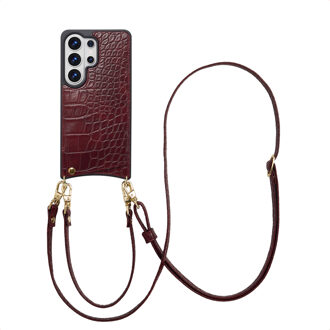 Selencia Nova Croco Telefoonhoes met Koord en Pashouder voor de Samsung Galaxy S26 Ultra - Burgundy Donkerrood