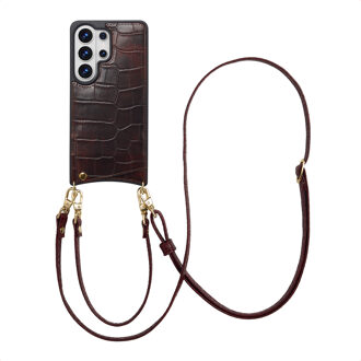 Selencia Nova Croco Telefoonhoes met Koord en Pashouder voor de Samsung Galaxy S26 Ultra - Choco Brown Donkerbruin
