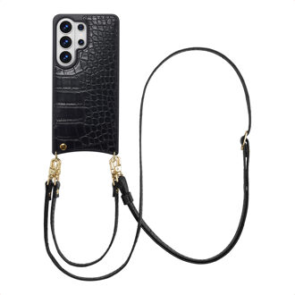 Selencia Nova Croco Telefoonhoes met Koord en Pashouder voor de Samsung Galaxy S26 Ultra - Zwart