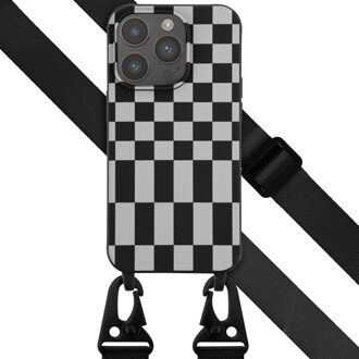 Selencia Siliconen design hoesje met afneembaar koord voor de Apple iPhone 14 Pro - Irregular Check Black Zwart