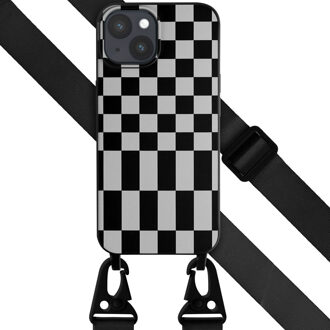 Selencia Siliconen design hoesje met afneembaar koord voor de Apple iPhone 15 Plus - Irregular Check Black Zwart