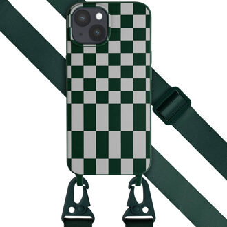 Selencia Siliconen design hoesje met afneembaar koord voor de Apple iPhone 15 Plus - Irregular Check Green Groen