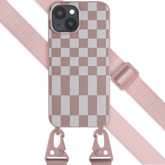 Selencia Siliconen design hoesje met afneembaar koord voor de Apple iPhone 15 Plus - Irregular Check Sand Pink Roze