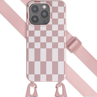 Selencia Siliconen design hoesje met afneembaar koord voor de Apple iPhone 15 Pro - Irregular Check Sand Pink Roze