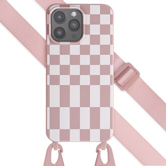 Selencia Siliconen design hoesje met afneembaar koord voor de Apple iPhone 15 Pro Max - Irregular Check Sand Pink Roze