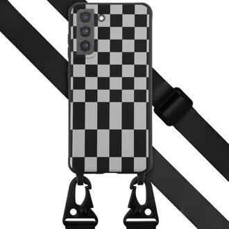 Selencia Siliconen design hoesje met afneembaar koord voor de Samsung Galaxy S21 FE - Irregular Check Black Zwart