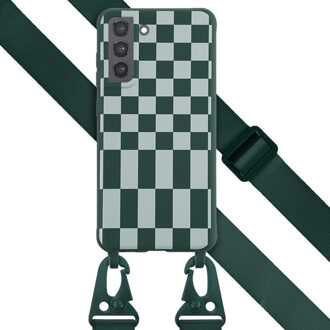Selencia Siliconen design hoesje met afneembaar koord voor de Samsung Galaxy S21 FE - Irregular Check Green Groen