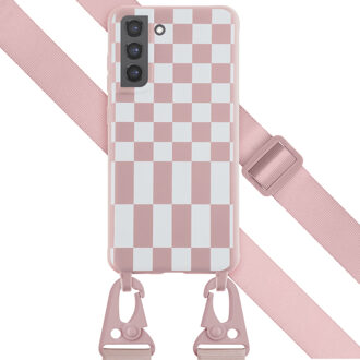 Selencia Siliconen design hoesje met afneembaar koord voor de Samsung Galaxy S21 FE - Irregular Check Sand Pink Roze