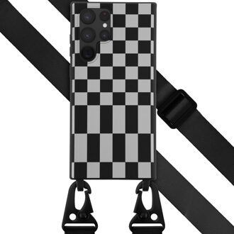 Selencia Siliconen design hoesje met afneembaar koord voor de Samsung Galaxy S22 Ultra - Irregular Check Black Zwart