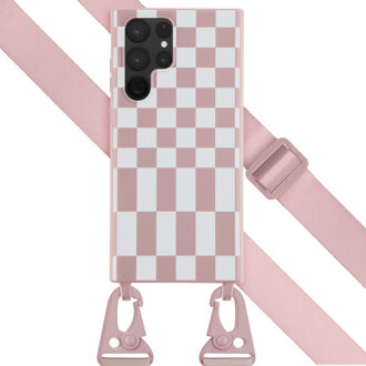 Selencia Siliconen design hoesje met afneembaar koord voor de Samsung Galaxy S22 Ultra - Irregular Check Sand Pink Roze