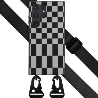 Selencia Siliconen design hoesje met afneembaar koord voor de Samsung Galaxy S23 Ultra - Irregular Check Black Zwart