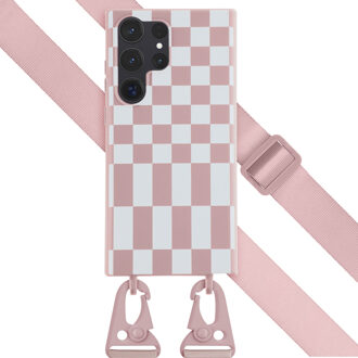 Selencia Siliconen design hoesje met afneembaar koord voor de Samsung Galaxy S23 Ultra - Irregular Check Sand Pink Roze