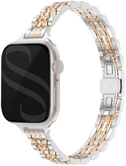 Selencia Slim Steel Jubilee Inspired schakelbandje voor de Apple Watch Series 1 t/m 9 / SE (38/40/41 mm) | Series 10 / 11 (42 mm) - Zilver & Rosé Goud - 41 mm
