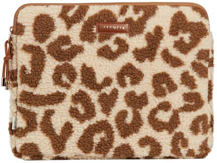 Selencia Teddy Laptop hoes 13-14 inch - Laptopsleeve - Vanilla Leopard Beige - 14