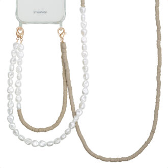 Selencia Telefoonkoorden set met Parels en Elastiekjes - Greige Beige - One size
