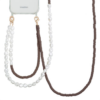 Selencia Telefoonkoorden set met Parels en Elastiekjes - Mocha Brown Bruin - One size