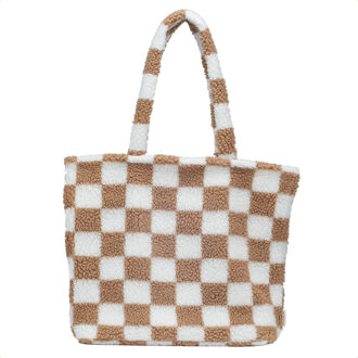 Selencia Zaya Tote Bag - Teddy Laptoptas 16 inch - Checkered Beige Meerkleurig - 16.2