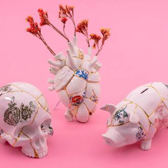 Seletti Love in Bloom Kintsugi vaas, kleurrijk, porselein, goud wit, goud, kleurrijk