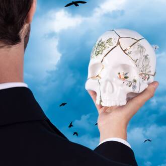 Seletti Sculptuur Kintsugi Schedel, wit, porselein, goud wit, goud, kleurrijk