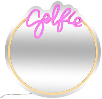 Selfie Wandspiegel LED - rond - roze - oplaadbaar - D35 cm