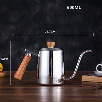 Seluna Houten Handvat Rvs Zwanenhals Waterkoker Hand Drip Koffie Pot Giet Over Koffie Thee Pot Barista Koffie Maker Brouwer 600ml - zilver
