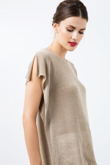 Semi Sheer Top met korte mouwen en schouderplooien Taupe
