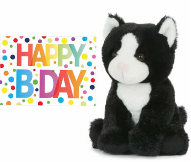 Semo Pluche knuffel kat/poes zwart/wit 18 cm met A5-size Happy Birthday wenskaart - Knuffel huisdieren