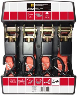 Sencys Ratelsjorband Rood Met Veiligheidshaak - 4,25mx25mm - 250kg - 4 Stuks