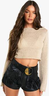 Sequin Gebreide Doorzichtige Slash Neck Brede Manchet Gebreide Top, Gold - L